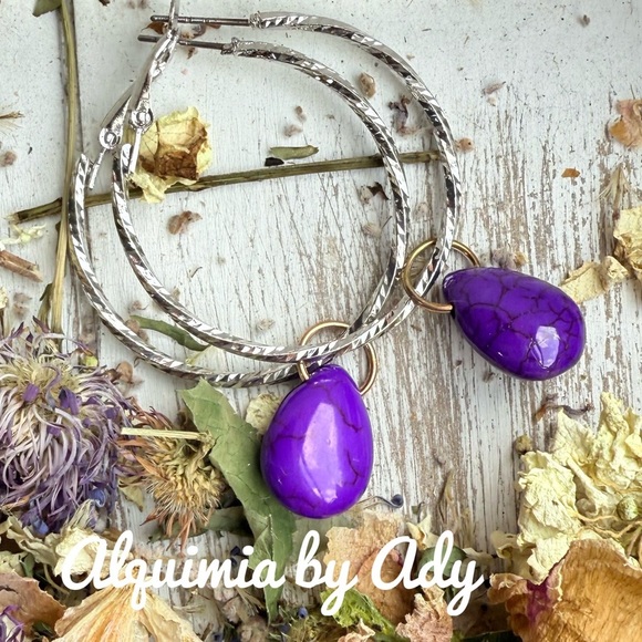 Silver hoops with purple turquoise statement earrings - Picture 1 of 1